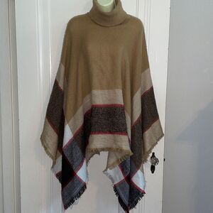 Ellie Kate tan, red, white & black‎ turtleneck poncho/cape